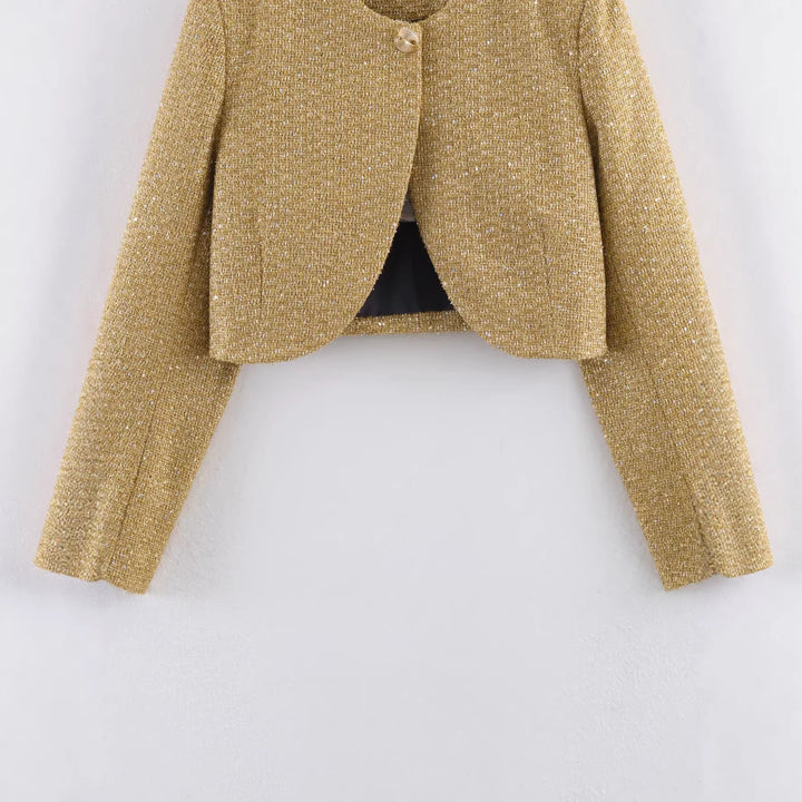 Damen nan kurzes Bouclé-Blazerjacke mit Rundhals und Zierknopf Drune