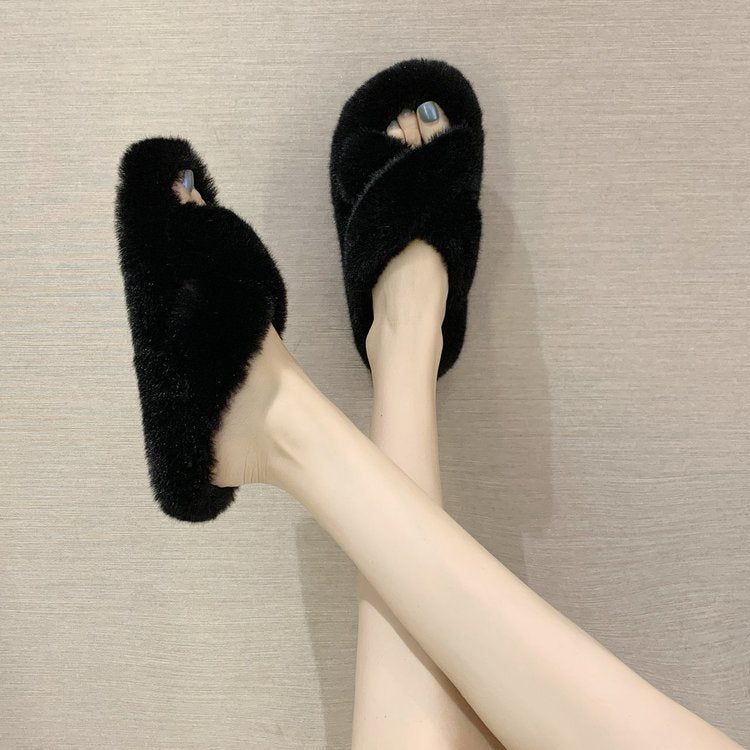 Damen Flauschige Hausschlappen mit gewendeten Riemen und ergonomischem Fußbett Drune