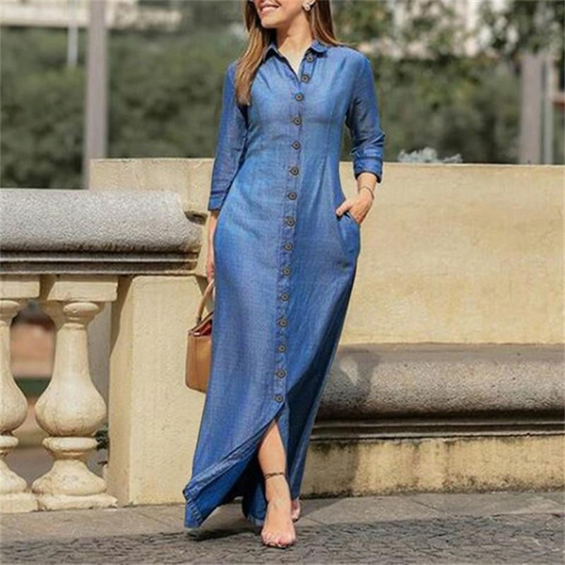 Damen Maxikleid Hemdblusenkleid mit Knopfleiste und Seitentaschen Drune