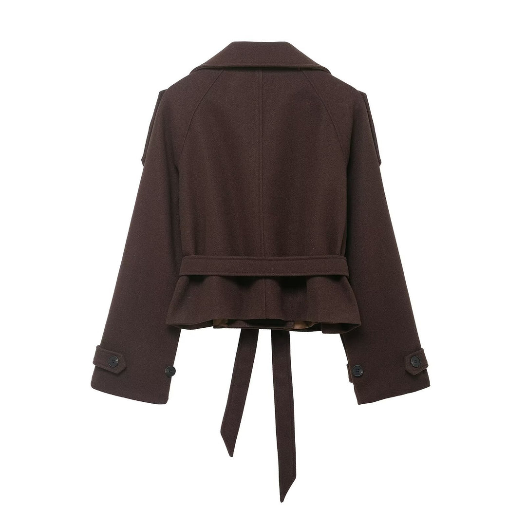 Damen Cropped Wollmix‑Kurzmantel mit hohem Stehkragen, Epauletten und Taillengürtel Drune