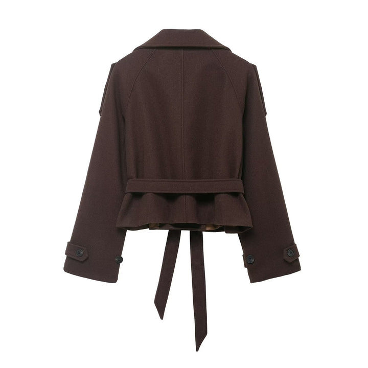 Damen Cropped Wollmix‑Kurzmantel mit hohem Stehkragen, Epauletten und Taillengürtel Drune