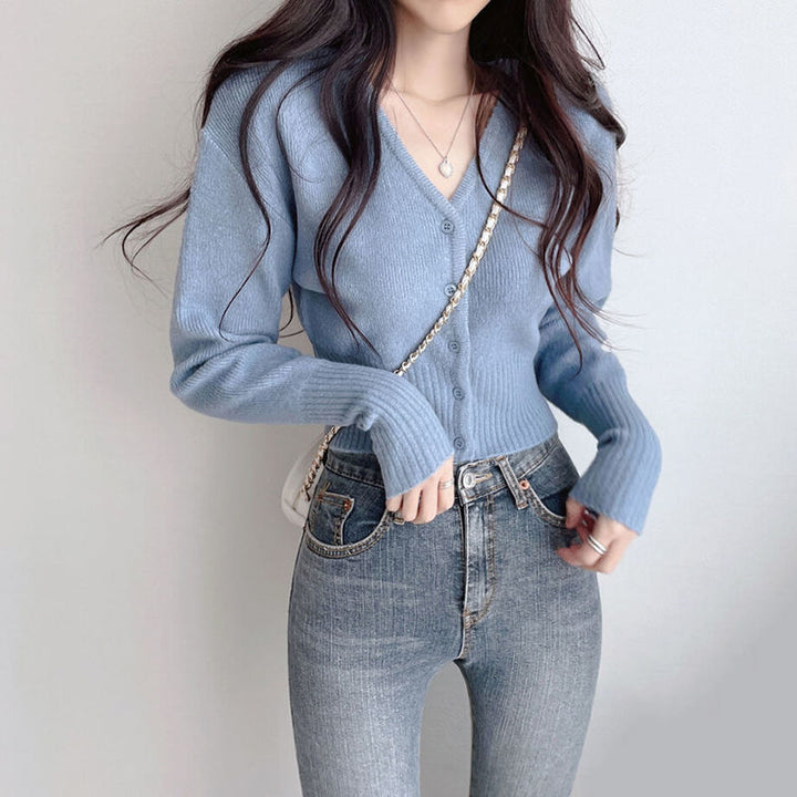 Damen cropped Strickjacke mit V-Ausschnitt und Rippstruktur Drune