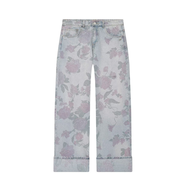 Damen Highwaist-Jeans mit weitem Bein, floralem Allover-Print und Umschlag Drune