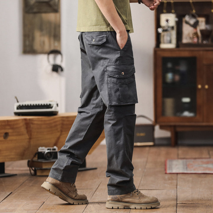Herren Gerade geschnittene Canvas-Cargohose mit Klapp-Utility-Taschen und Kordelbund Drune