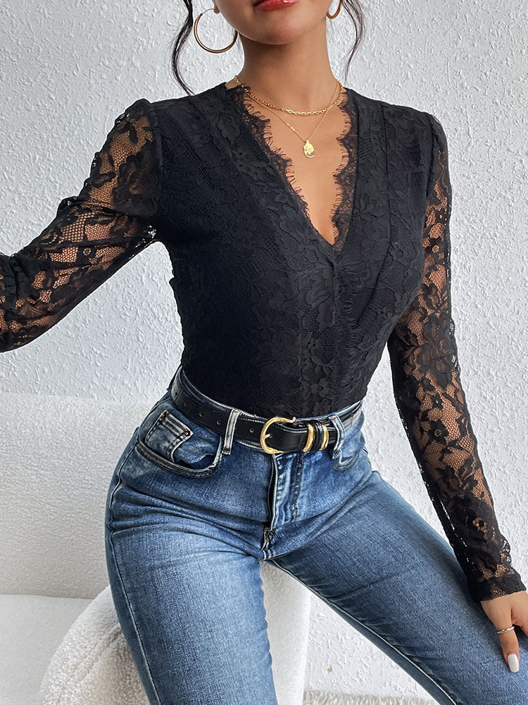 Damen Spitzenbody mit raffiniertem V-Ausschnitt und eleganten Rüschendetails Drune