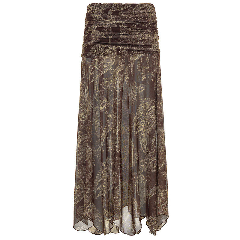 Damen Langer Chiffon-Rock mit gerafftem Bund, Paisley-Print und Zipfelsaum Drune