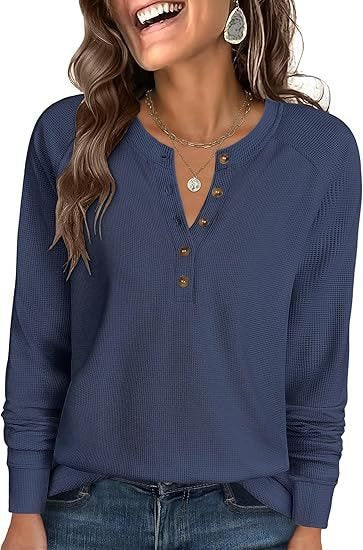 Damen Waffelstrick-Henley-Longsleeve mit Knopfleiste, Raglanärmeln und gerippten Bündchen Drune