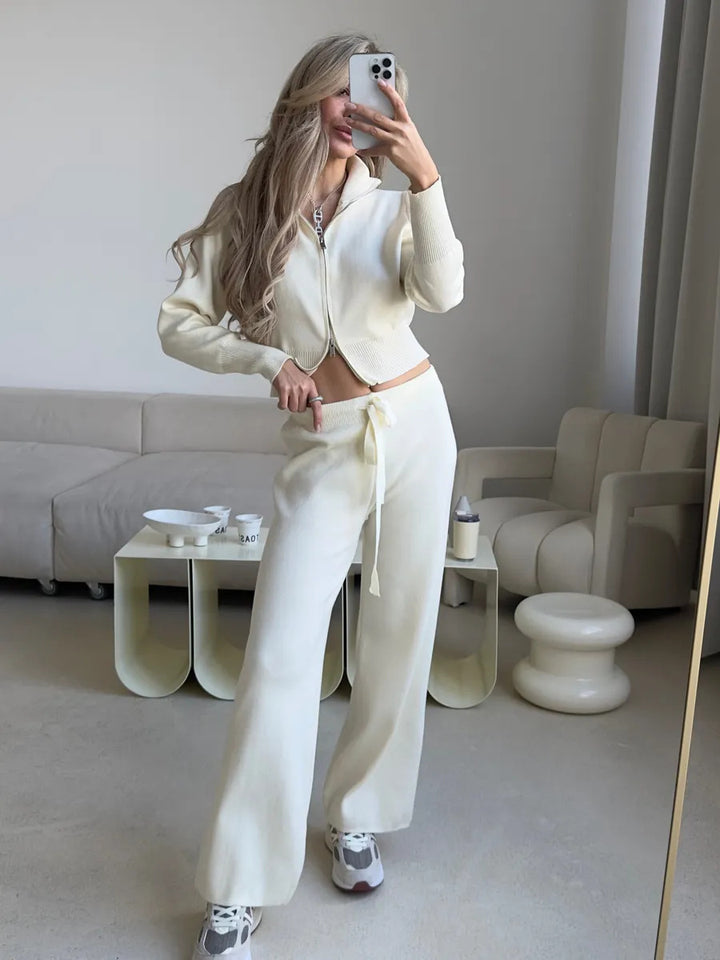 Damen gestricktes Lounge-Set mit kurzem Reißverschluss-Cardigan und weitem High-Waist-Jogginghose Drune