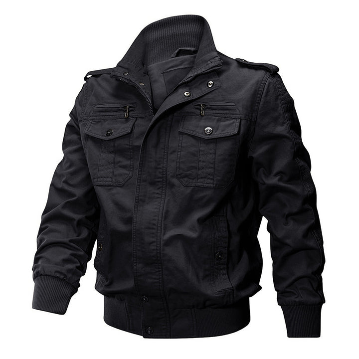Herren nan multifunktionale Baumwoll-Canvas Bomber-Fieldjacke mit Stehkragen, Schulterpatten und verdeckter Druckknopf‑Reißverschluss Drune