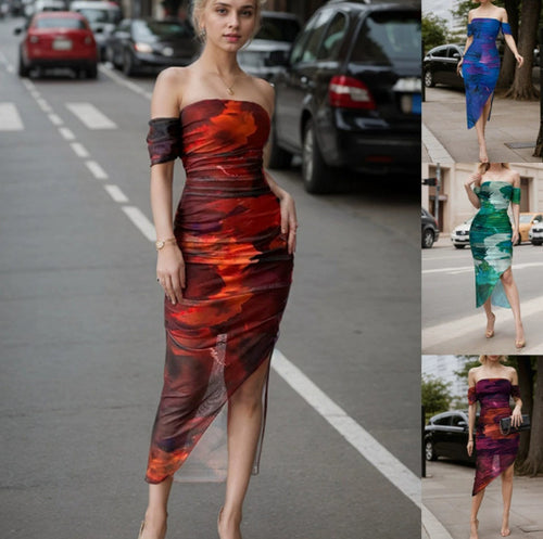 Damen Figurbetontes schulterfreies Maxikleid mit Raffung, Beinschlitz und Aquarell-Print Drune