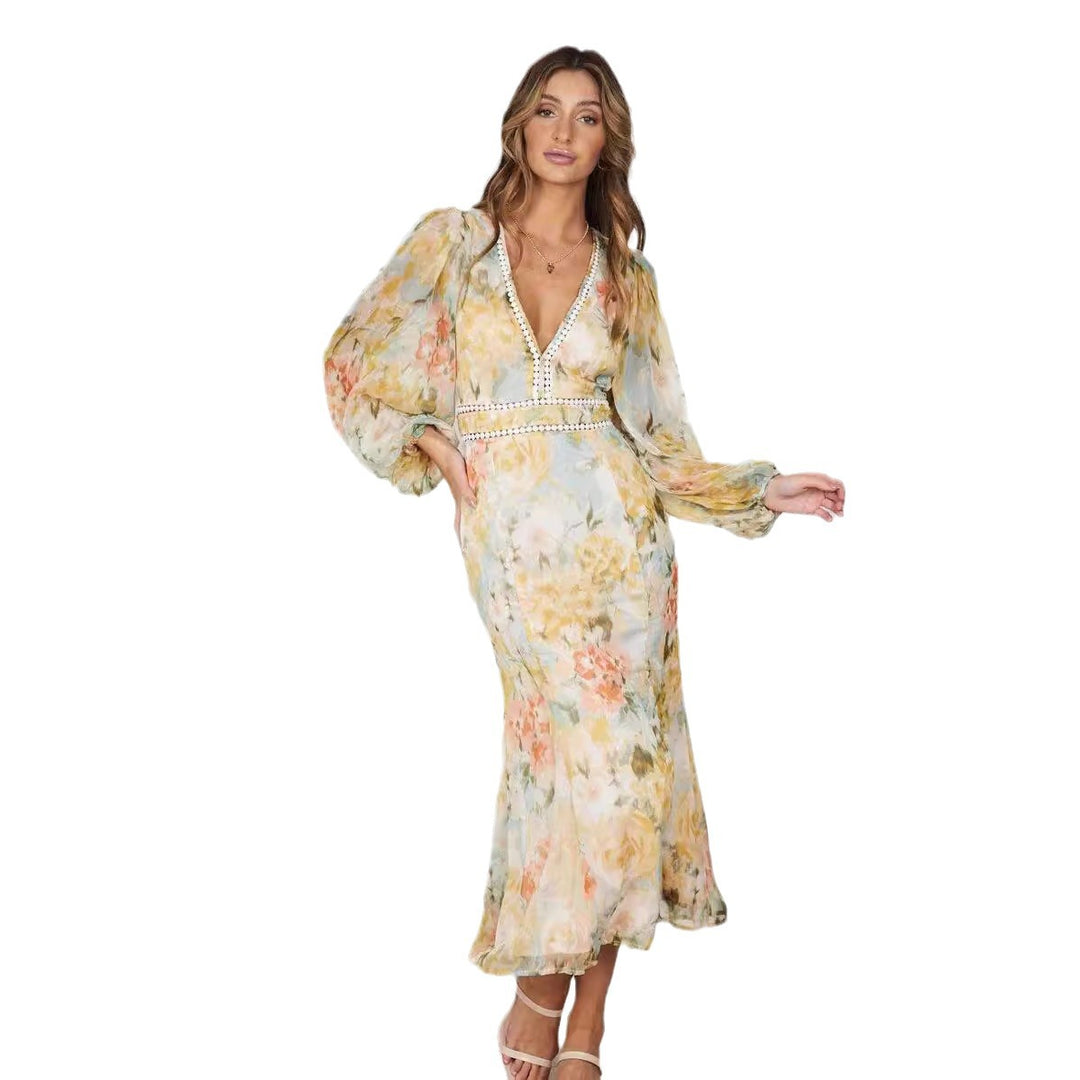 Damen Maxikleid mit voluminösen Ärmel und dekorativen Details Drune