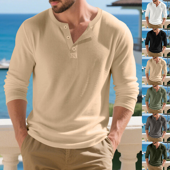 Herren Langarm-Henley-Shirt mit strukturierter Oberfläche Drune