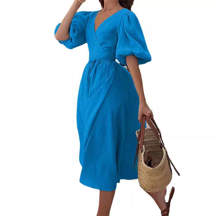 Damen Wickelkleid mit Puffärmeln und Taillengürtel Drune