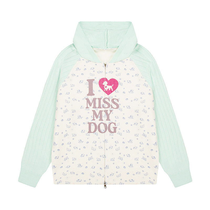 Damen Kapuzen‑Strickjacke mit durchgehendem Reißverschluss, gerippten Ärmeln und Hunde‑Statement‑Print Drune