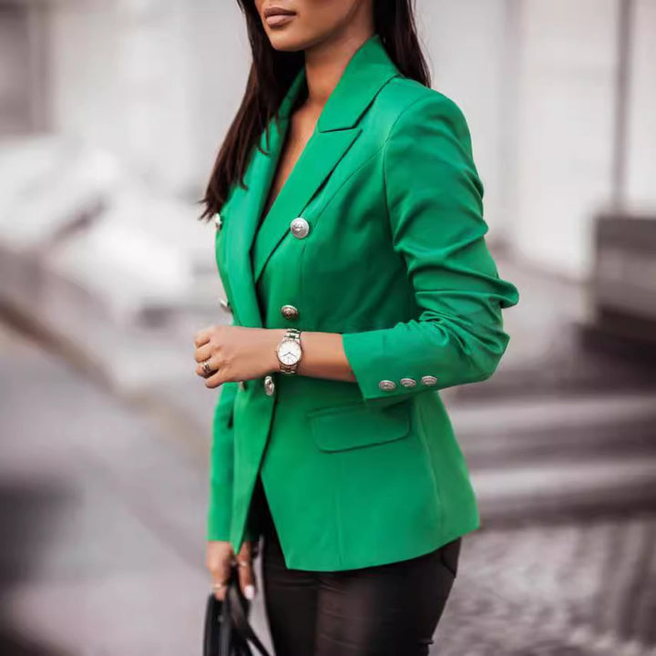Damen nan Doppelreihiger Blazer mit Reverskragen, Strukturierter Passform und Zierknöpfen Drune