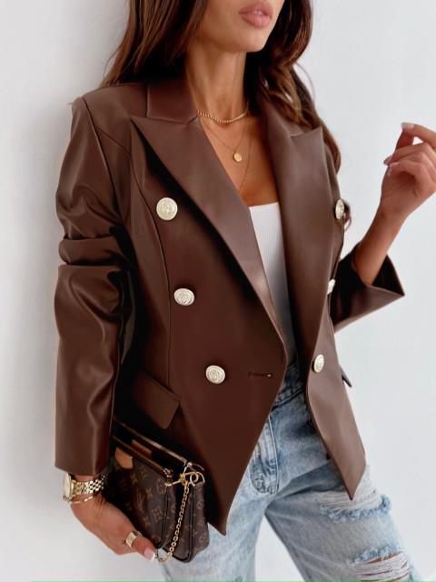 Damen eleganter Kunstleder Blazer mit doppelter Knopfleiste Drune
