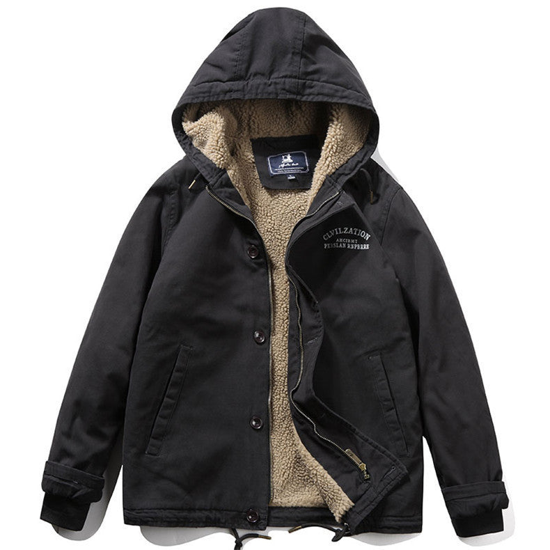 Herren Kapuzenjacke im Vintage-Worker-Stil mit Sherpa‑Futter Drune
