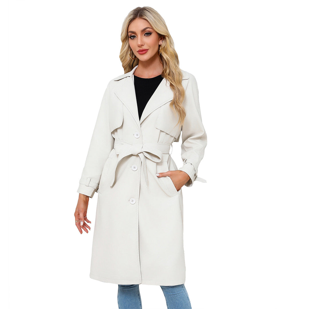 Damen nan langer taillierter Kunstleder-Trenchcoat mit Bindegürtel Drune