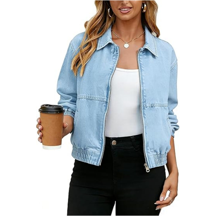 Damen Jeans-Bomberjacke mit Reißverschluss, elastischem Saum und Hemdkragen Drune