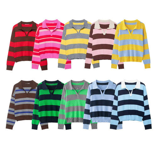 Damen Gestreifter Rugby-Polo-Pullover mit V-Notch und Cropped-Saum Drune