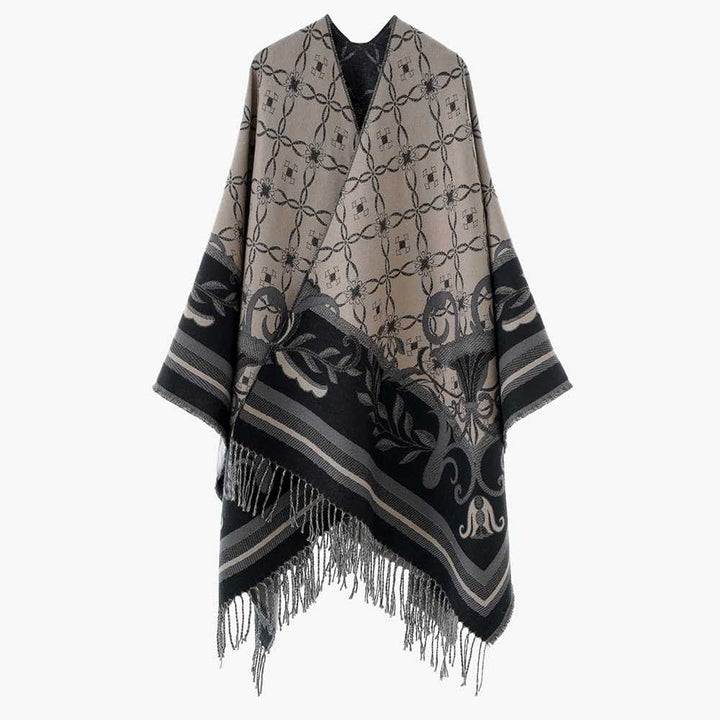 Damen Jacquard‑Gewebter Fransenponcho im Tapisserie‑Look Drune