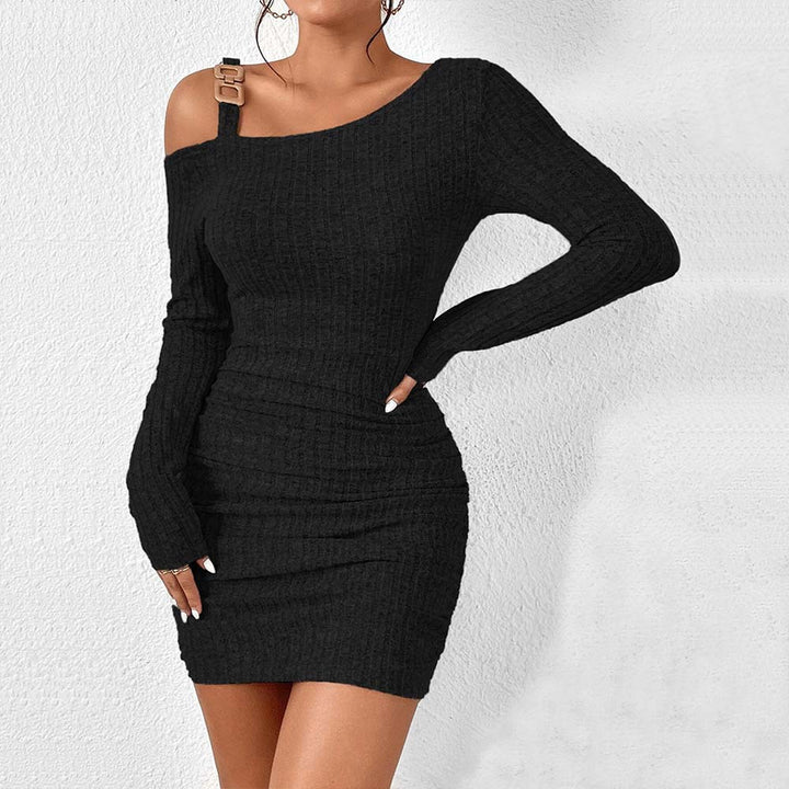 Damen asymmetrisches Strickkleid mit dekorativem Schulterband Drune
