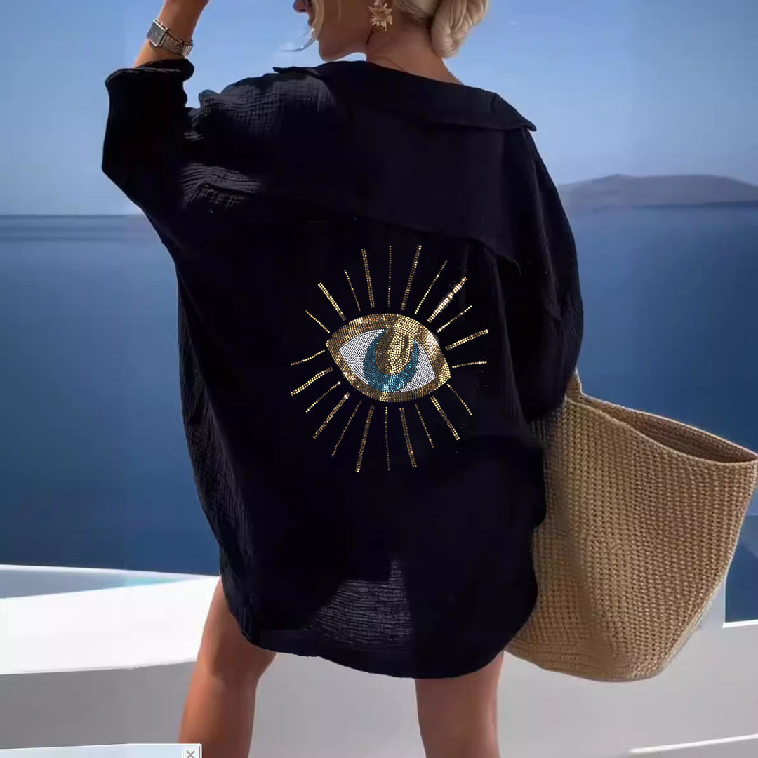 Damen Langarm-Hemdjacke mit auffälligem Augenprint Drune