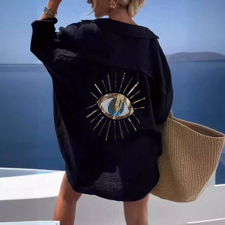 Damen Langarm-Hemdjacke mit auffälligem Augenprint Drune