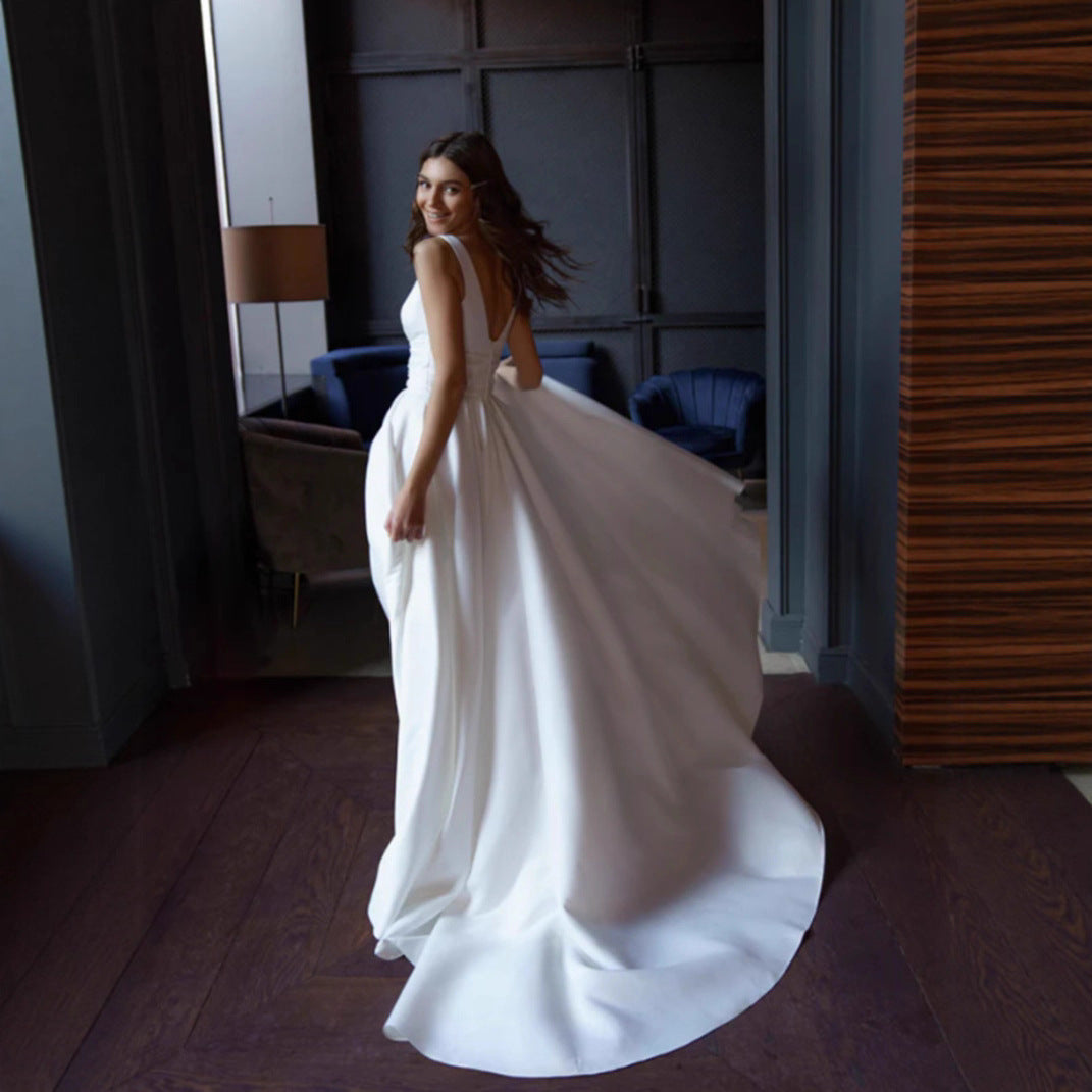 Damen elegantes Hochzeitskleid mit tiefem V-Ausschnitt und seitlichem Schlitz Drune