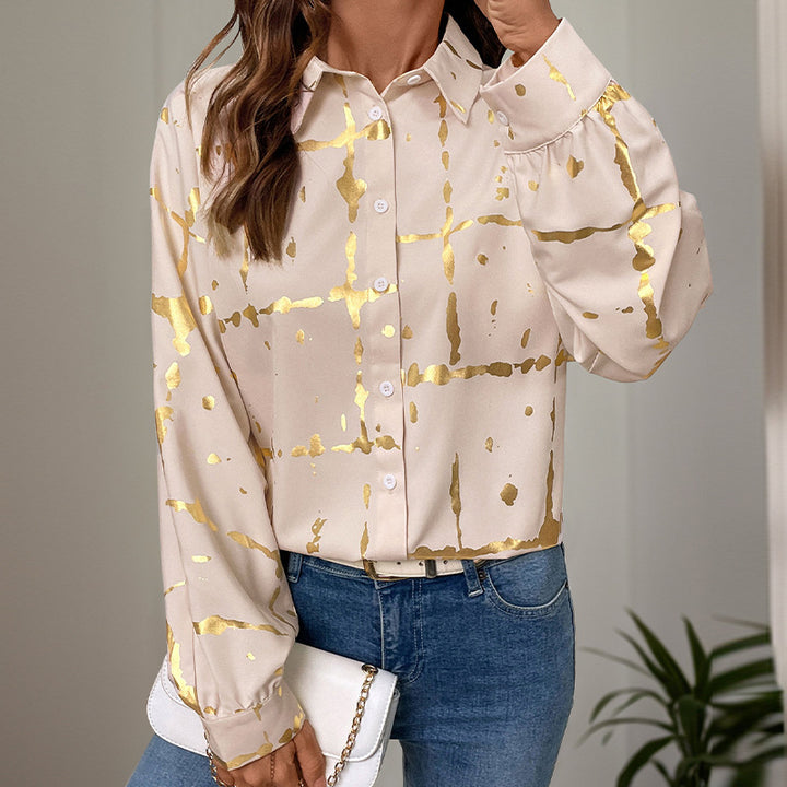 Damen Elegante Langarm-Bluse mit Gold-Folienprint, Hemdkragen und lockerem Schnitt Drune
