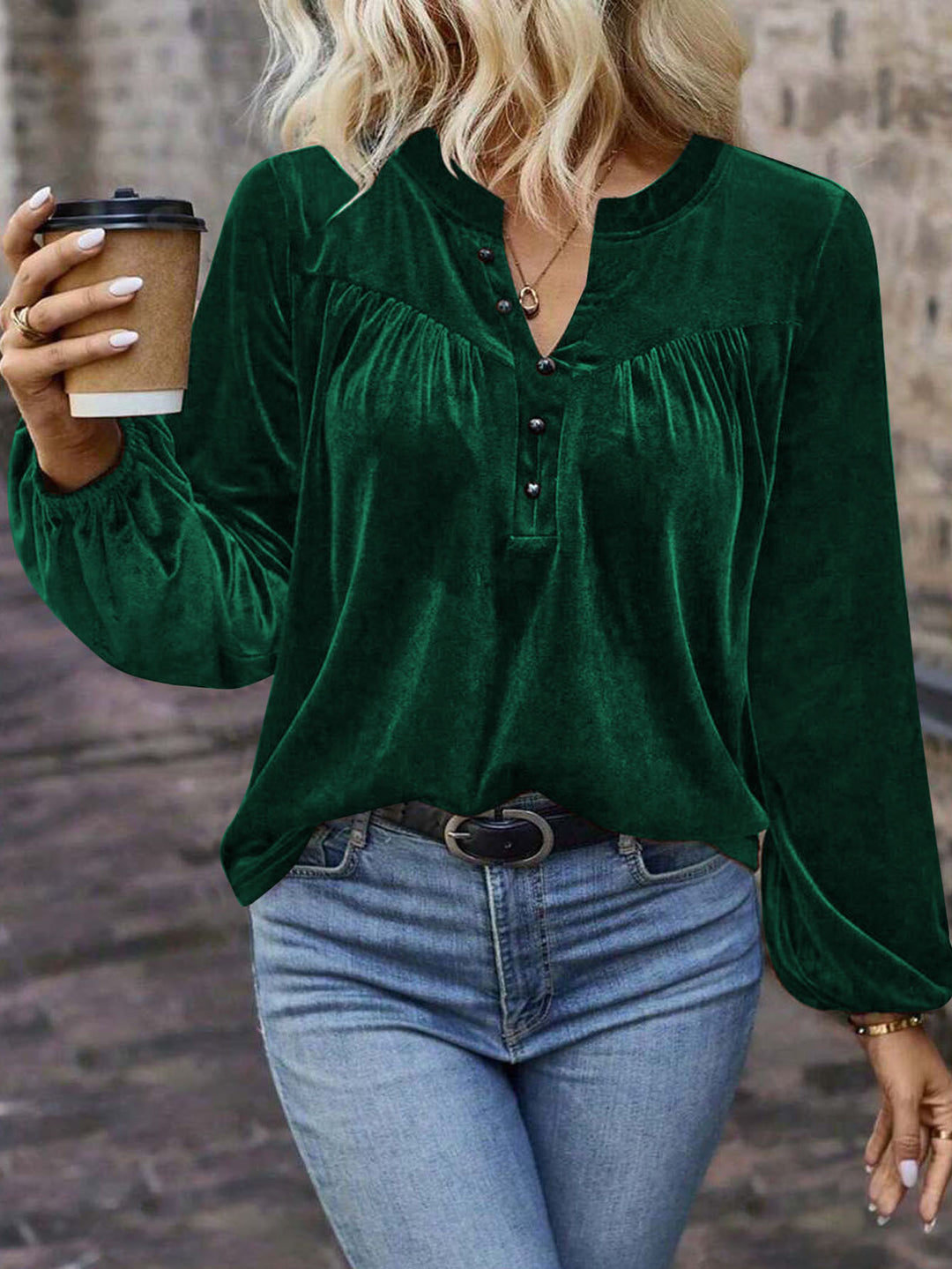 Damen Samtsweatshirt mit Henley-Knopfleiste, geraffter Brustpasse und lockerer Silhouette Drune