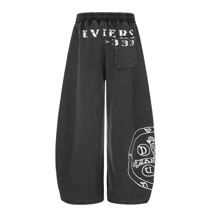Damen Weite Mid‑Calf Palazzo‑Sweathose mit verstellbarem Saum, Tunnelzugbund und Statement‑Print Drune