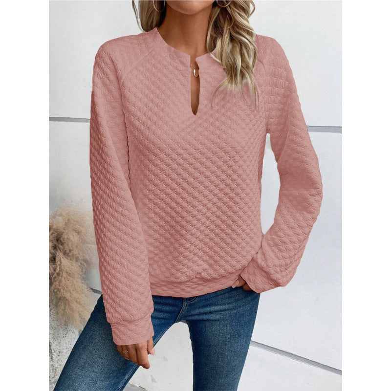 Damen Gestepptes Sweatshirt mit Schlitzkragen, Rautenstruktur und Raglanärmeln Drune