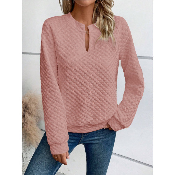 Damen Gestepptes Sweatshirt mit Schlitzkragen, Rautenstruktur und Raglanärmeln Drune