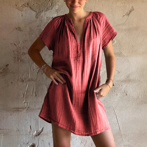 Damen lässiges Tunika-Kleid mit tiefem V-Ausschnitt und Raffung Drune