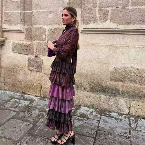 Damen nan gestuftes Maxikleid mit Paisley‑Patchwork, Schleifenkragen und langen Manschettenärmeln Drune