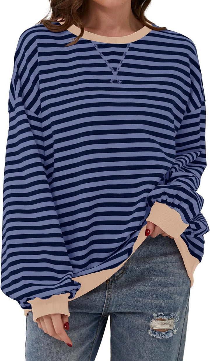 Damen Cozy Übergroßer Gestreifter Pullover Sweatshirt Drune