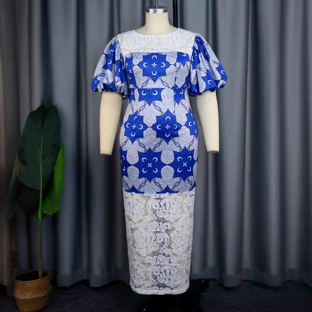 Damen Elegantes Langarmkleid mit ausgefallenen Puffärmeln und Spitzenbesatz Drune