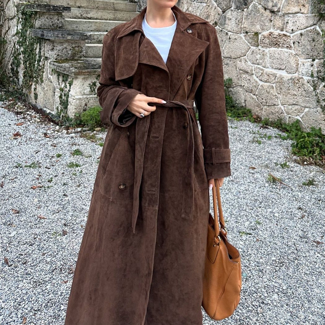 Damen Suede Trenchcoat mit Gürtel und eleganten Knopfdetails Drune
