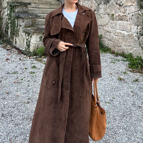 Damen Suede Trenchcoat mit Gürtel und eleganten Knopfdetails Drune