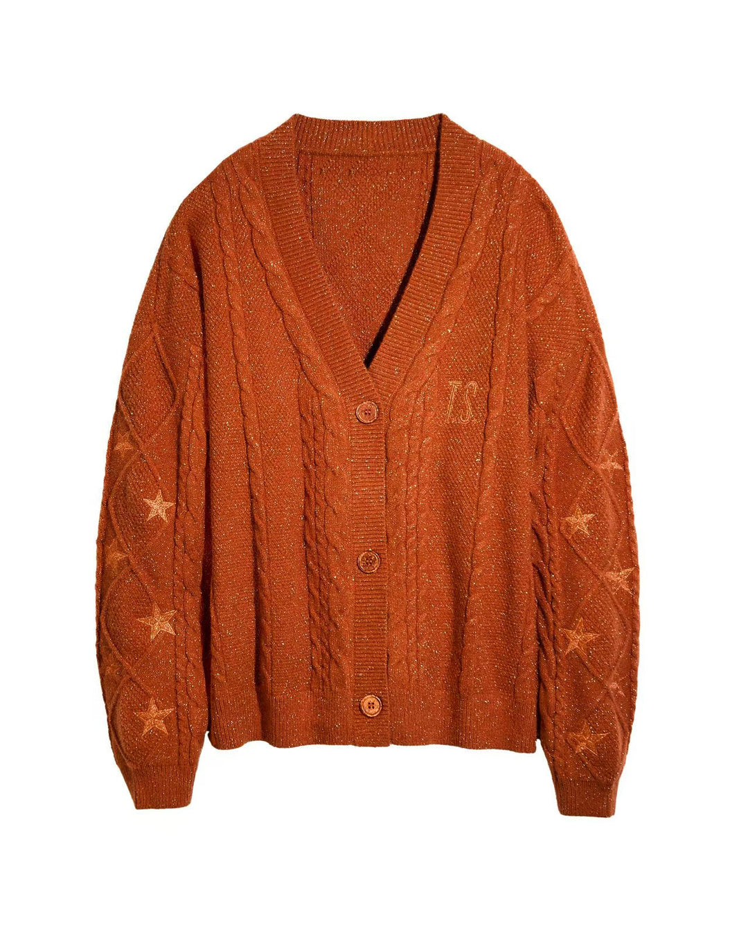 Damen nan großzügiger Grobstrick-Cardigan mit Zopfmuster, V-Ausschnitt und Sternstickereien Drune