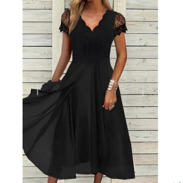 Damen nan fließendes Midikleid mit geschwungenem V-Ausschnitt, taillierter A-Linien-Silhouette und filigranen Spitzenärmeln Drune