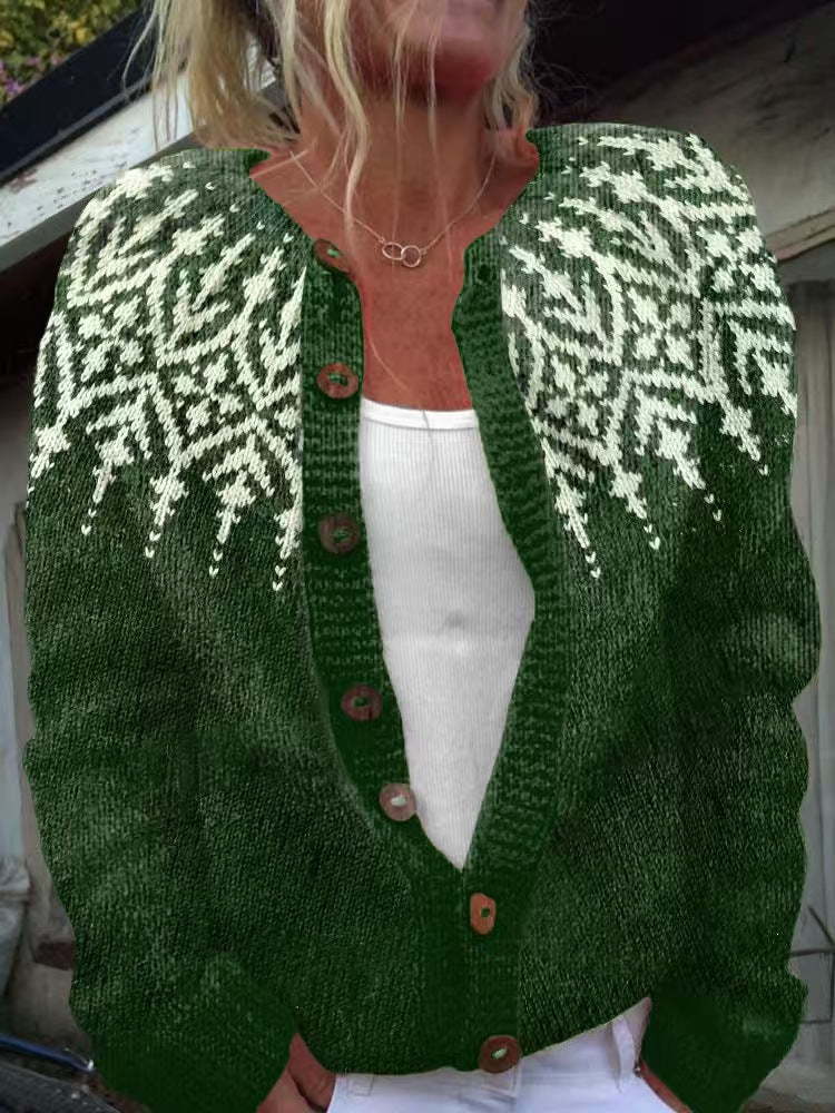 Damen nan gemusterte Strickjacke mit Rundpasse, Holzknöpfen und Eingrifftaschen Drune