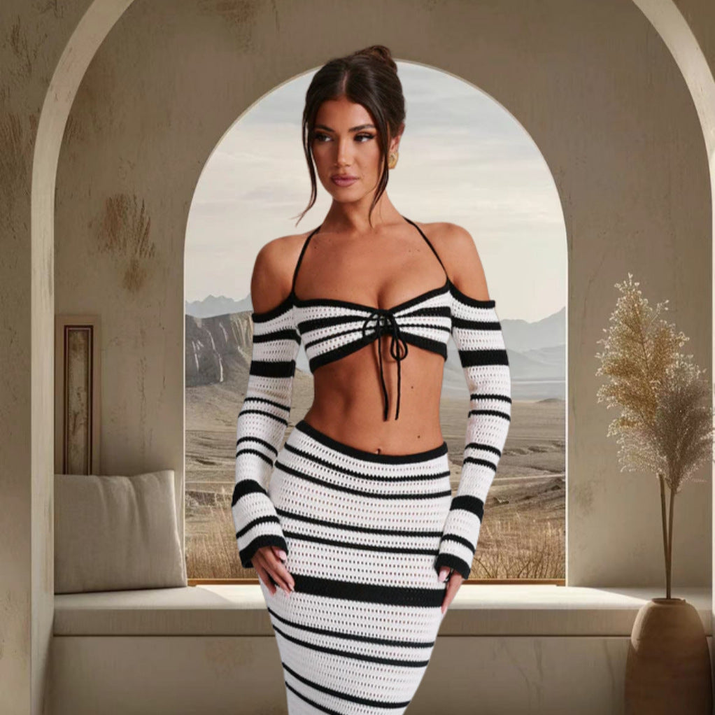 Damen Set aus gestreiftem Crop-Top und Maxi-Rock Drune