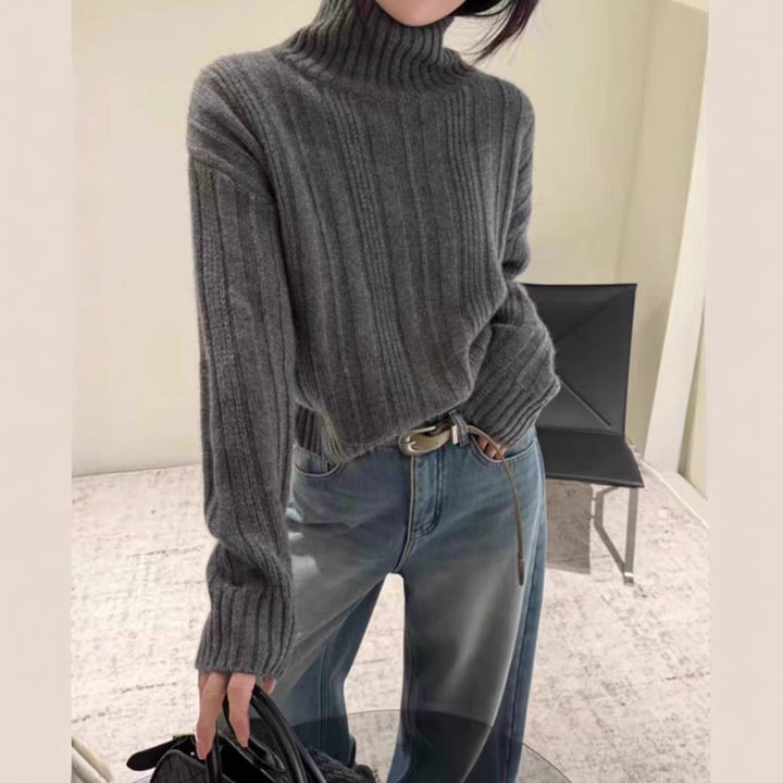 Damen lässiger Rollkragenpullover mit feinem Rippenmuster Drune