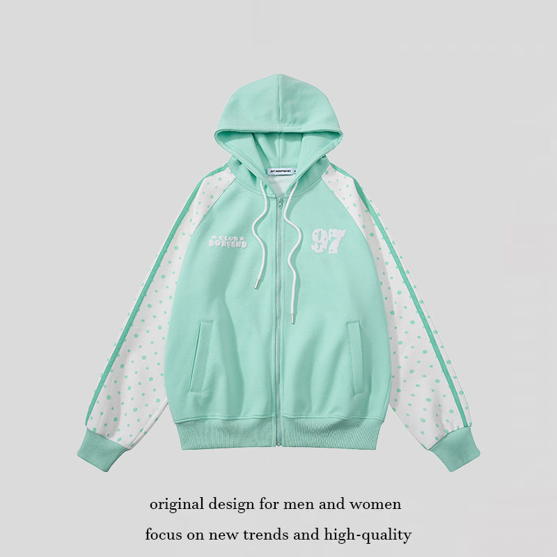 Damen Kapuzen‑Sweatjacke mit durchgehendem Reißverschluss, Raglanärmeln und Polka‑Dot‑Einsätzen Drune