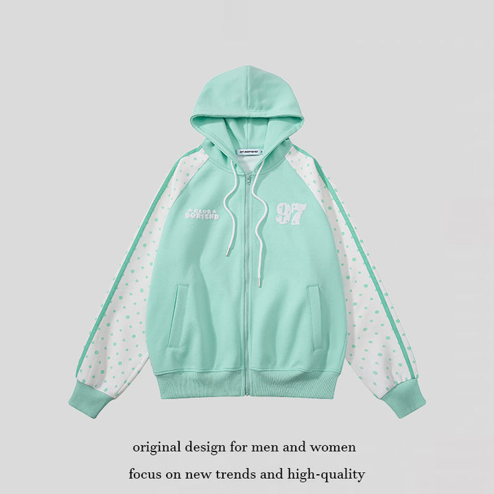 Damen Kapuzen‑Sweatjacke mit durchgehendem Reißverschluss, Raglanärmeln und Polka‑Dot‑Einsätzen Drune