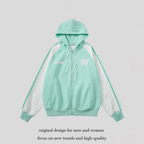 Damen Kapuzen‑Sweatjacke mit durchgehendem Reißverschluss, Raglanärmeln und Polka‑Dot‑Einsätzen Drune