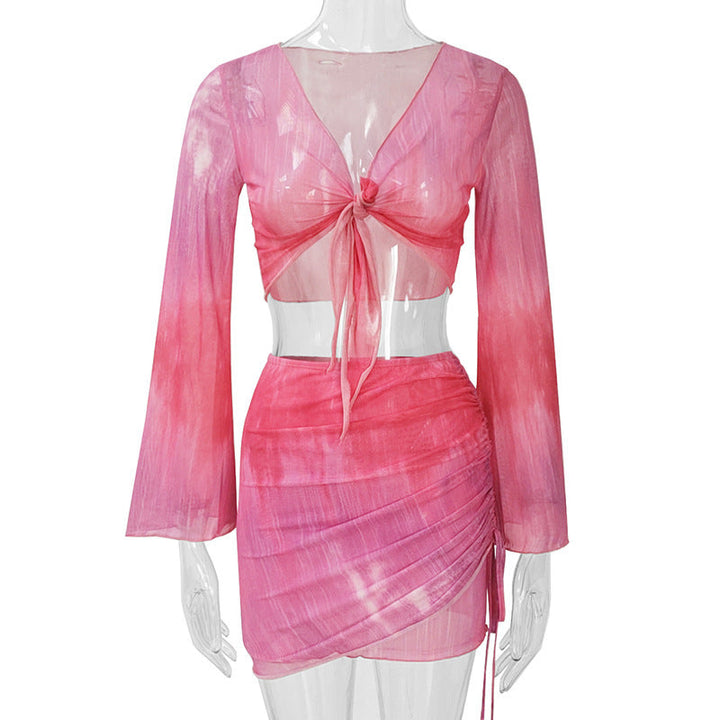Damen lässiges Crop-Top mit asymmetrischem Rock und langen Ärmeln Drune