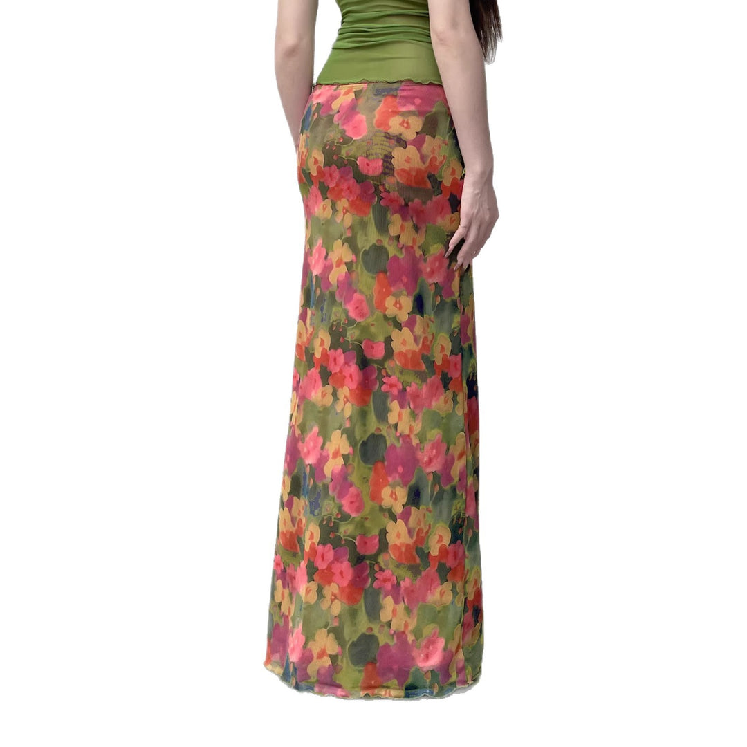 Damen Maxirock mit Chiffon-Overlay, floraler Allover-Print und hohem Seitenschlitz Drune